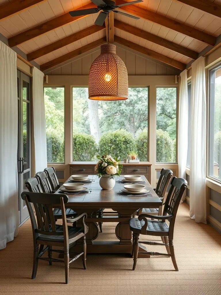 A stylish screened-in back porch featuring a dining area with a wooden table, chairs, and a pendant light, surrounded by large windows.