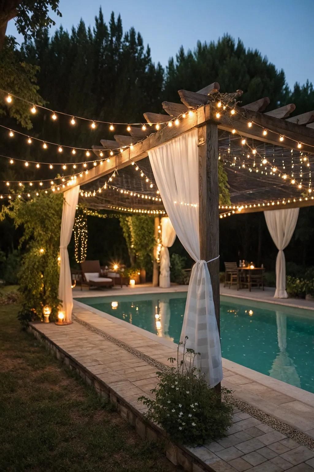 Draping lights over a pergola gives your poolside a cozy feel.
