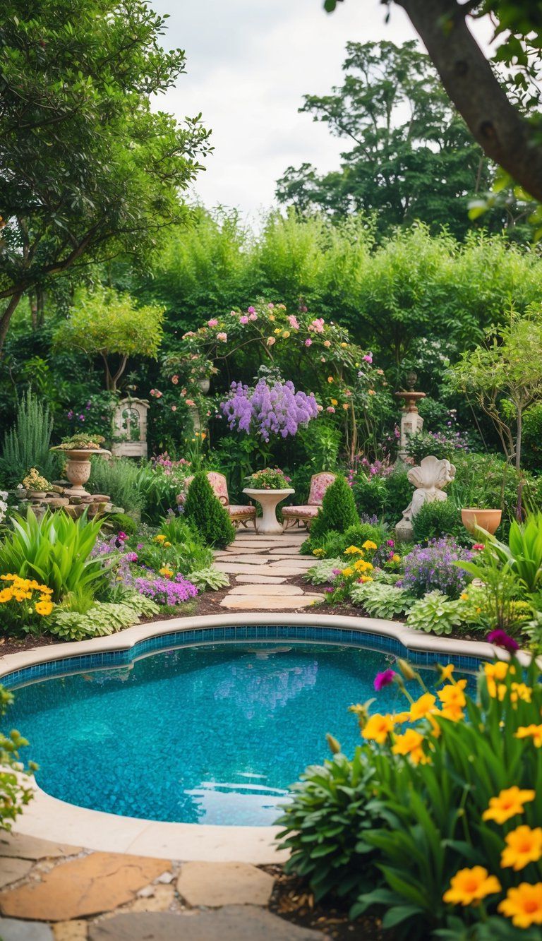 A whimsical garden with a sparkling pool, surrounded by lush greenery, colorful flowers, and charming fairy tale-inspired landscaping features