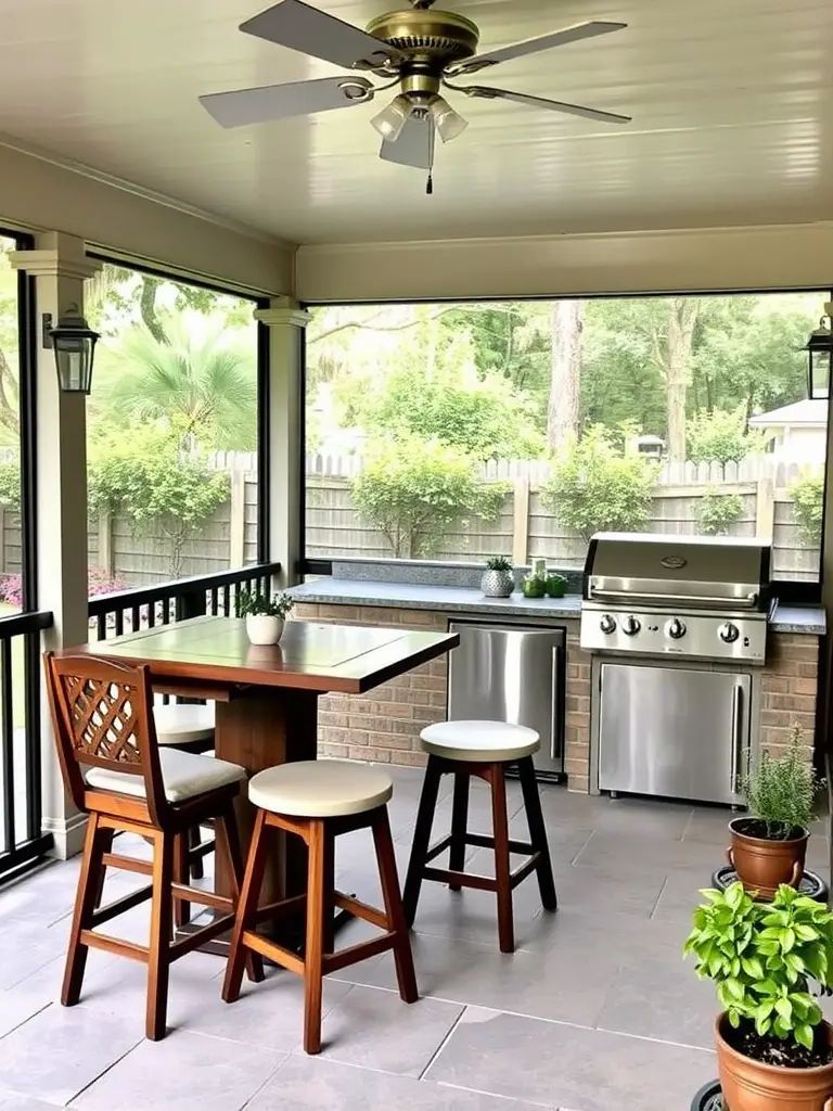 Screened-in back porch with outdoor kitchen, featuring a grill, countertop, table, and potted plants.