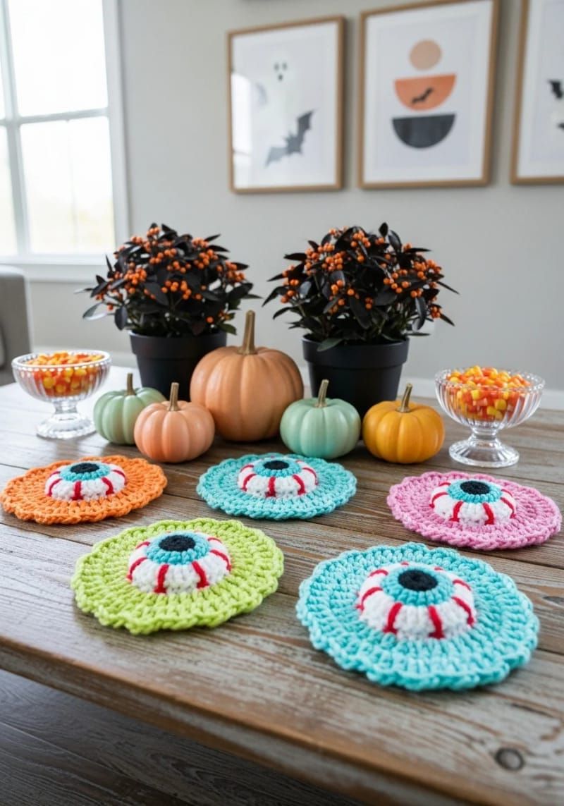 crochet eyeball coasters in cheerful colors 1