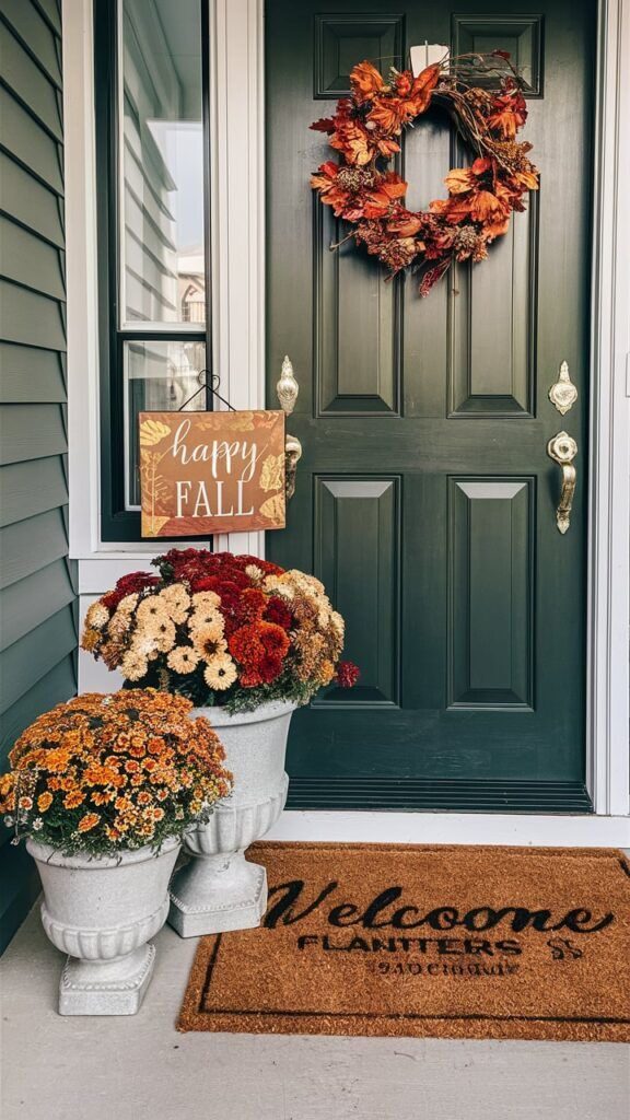 Welcome Mat Planters with Fall Decorations and Sign
