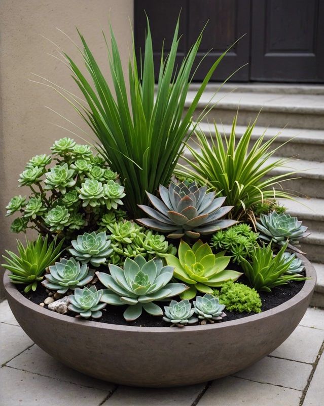 Lemongrass and succulents in a planter