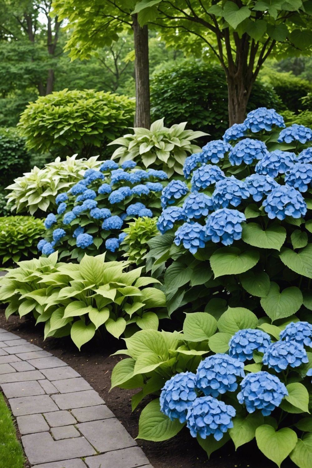 Fresh and Clean with Blue Hydrangeas and Solid-Colored Hostas