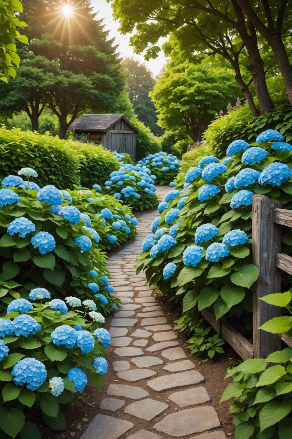 Rustic Hydrangea and Stone Pathway