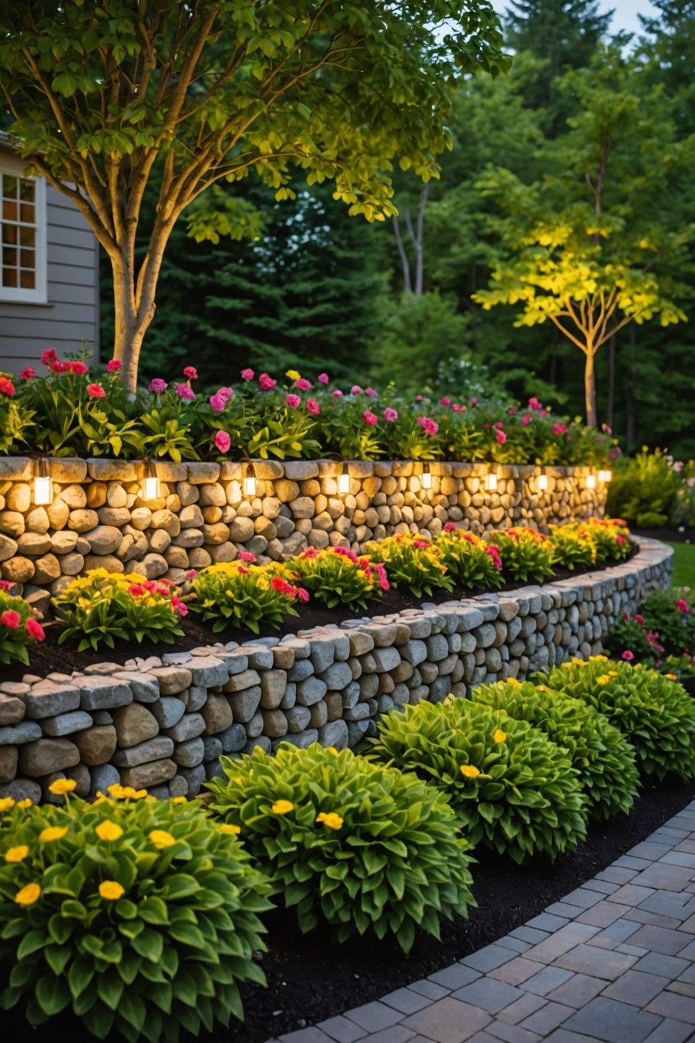 Gabion Retaining Wall with Decorative Lighting