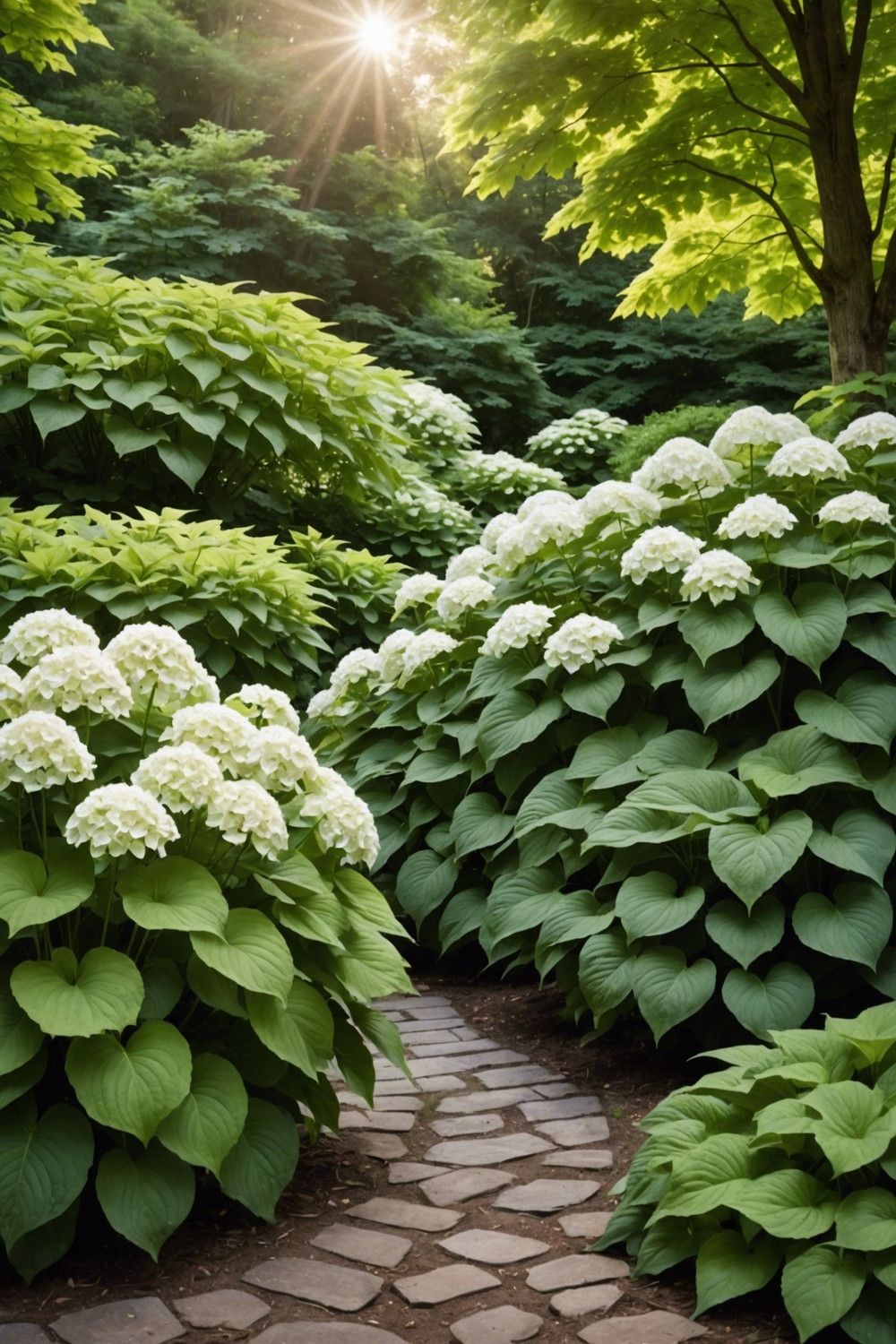 Rustic Charm with Annabelle Hydrangeas and Giant Hostas
