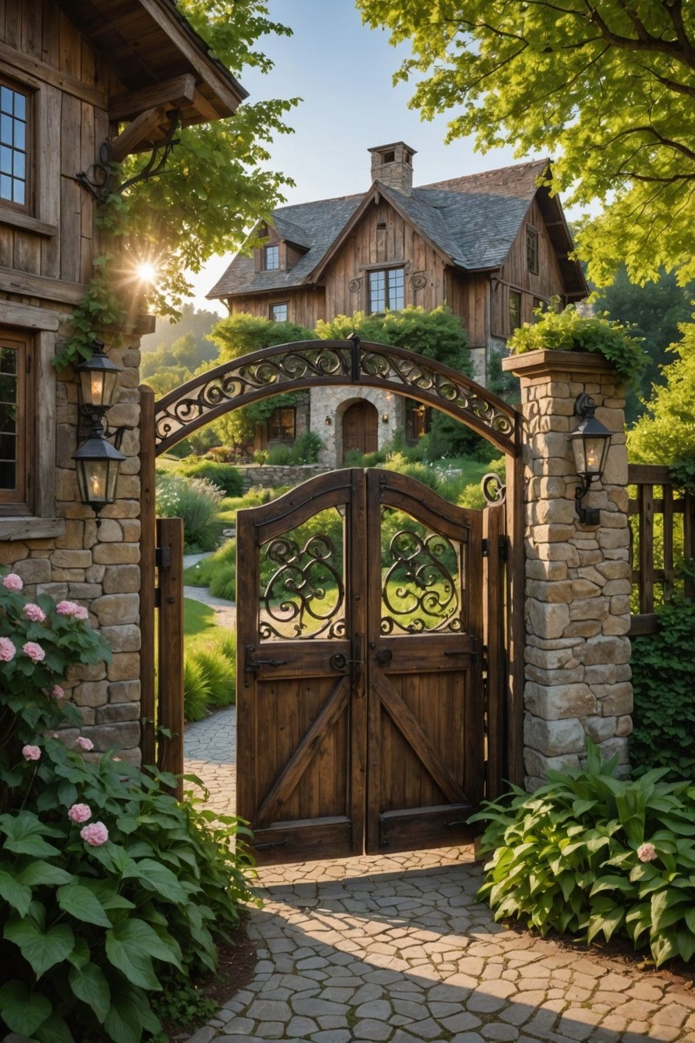 Rustic Wooden Gates with Twisted Metal Accents