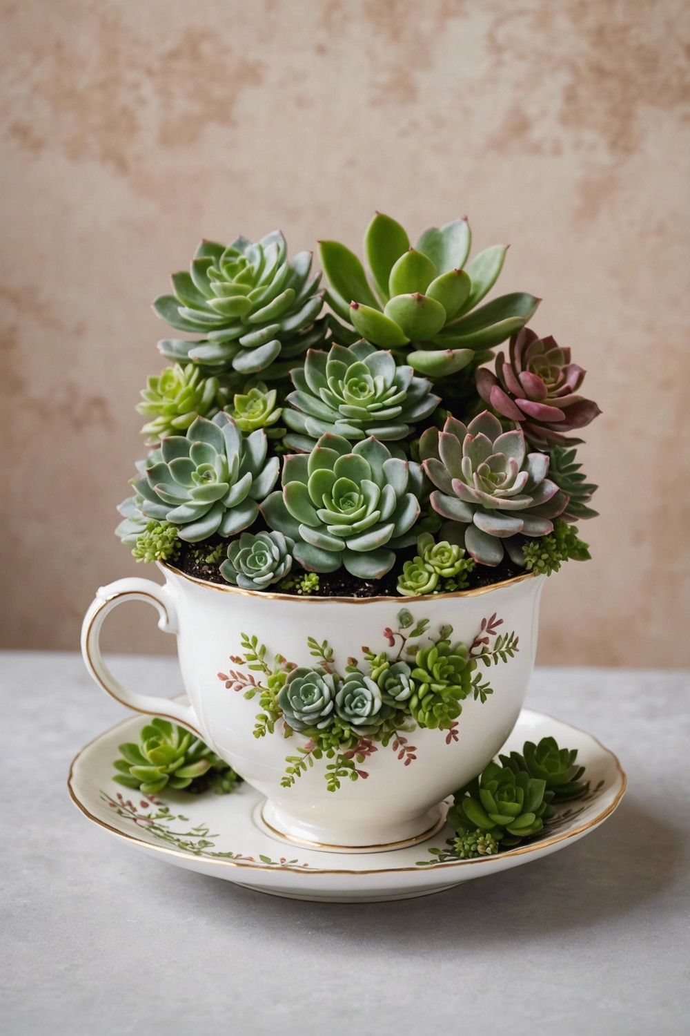 Whimsical Teacup Arrangement with Crassula