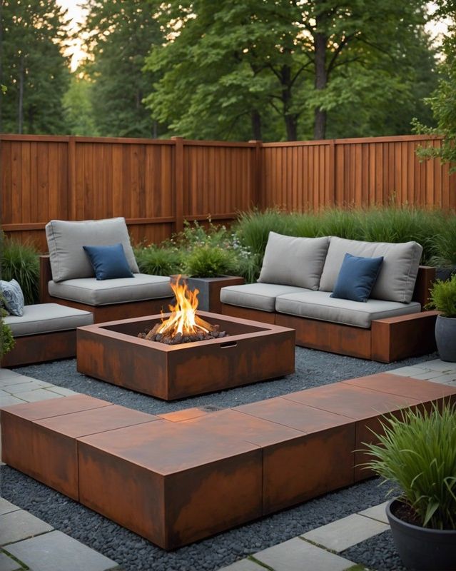 Modern Square Fire Pit with Corten Steel Surround