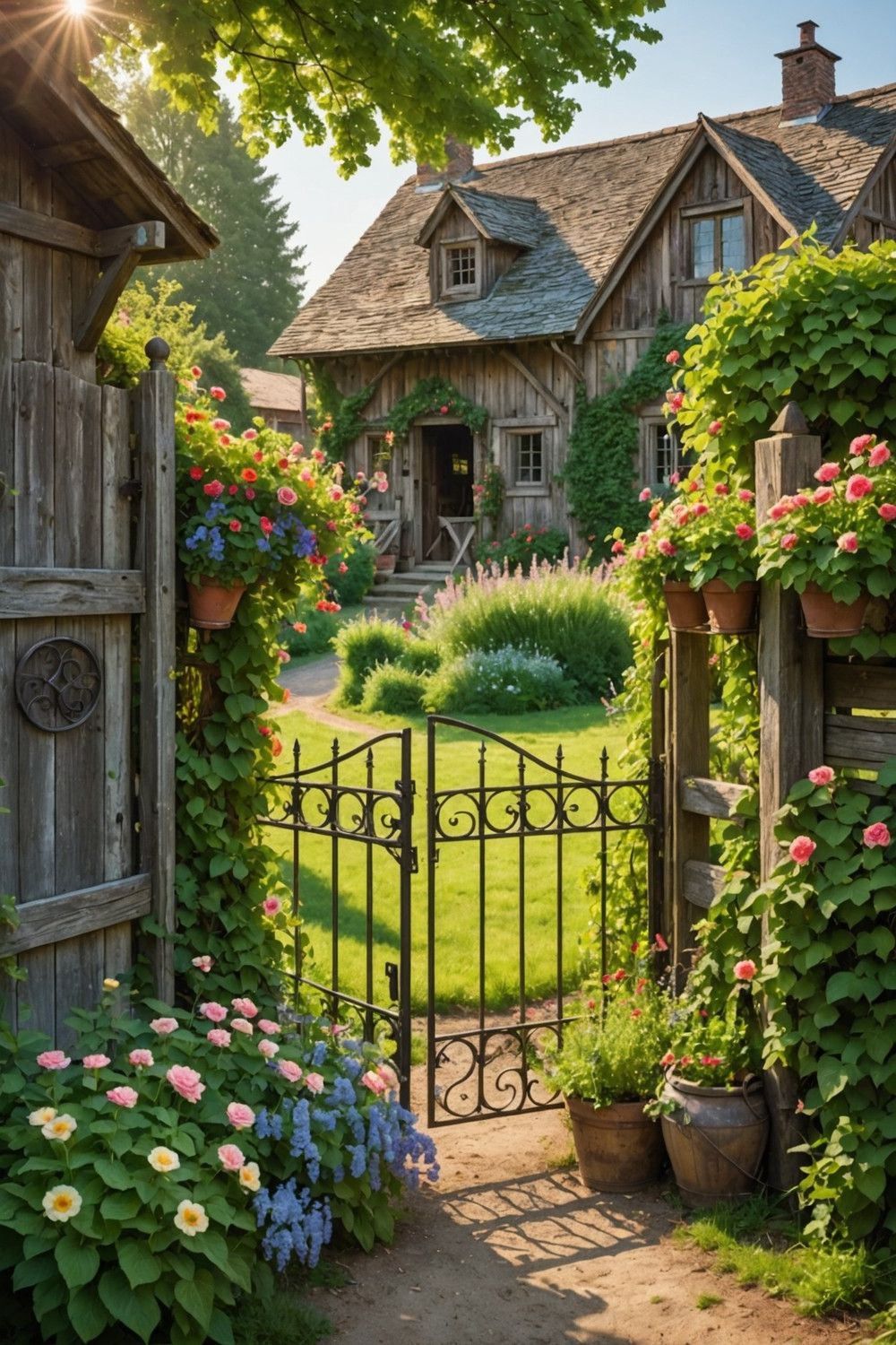 Country-Style Gate with Flanking Planters