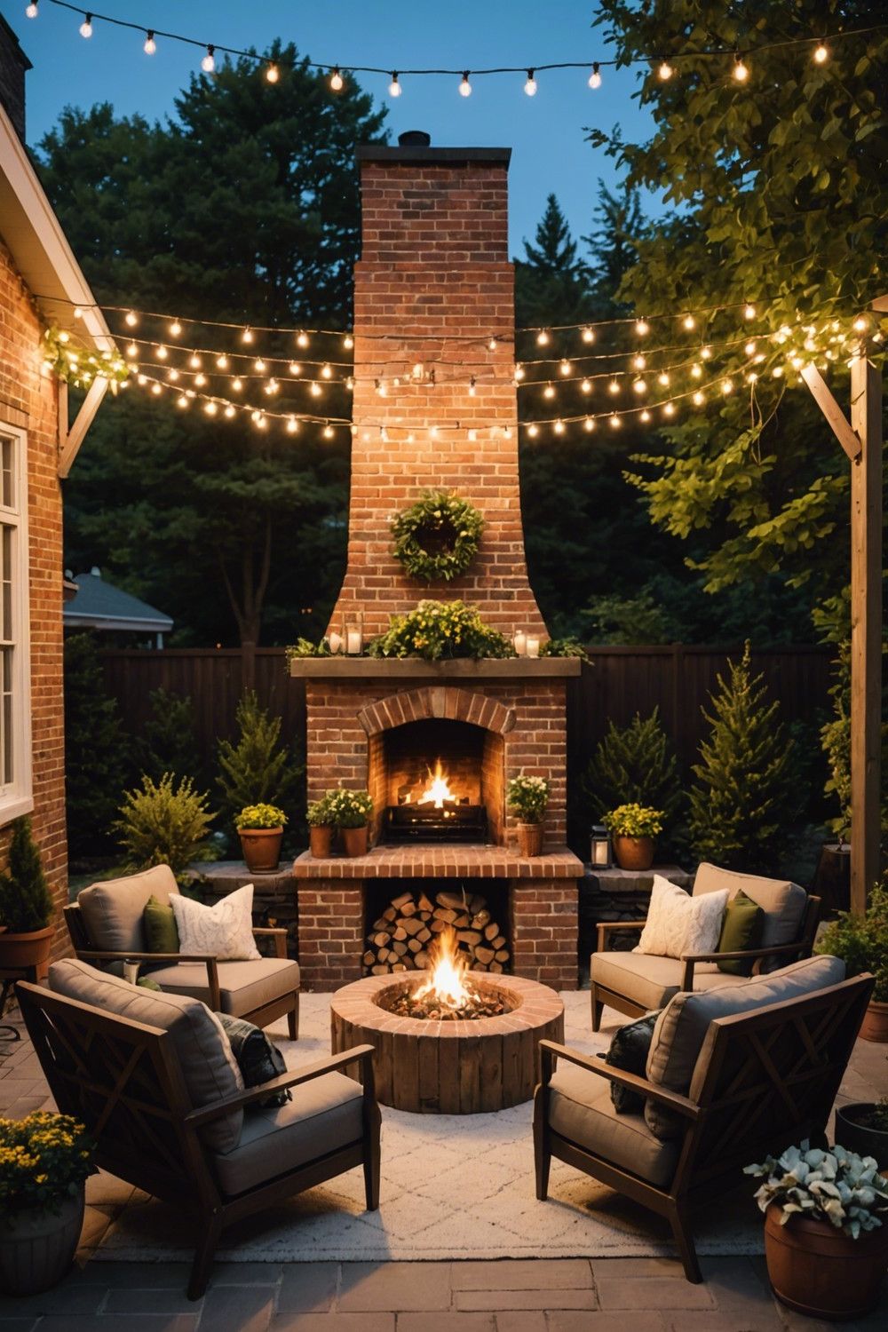 Classic Brick Fireplace with Outdoor Seating