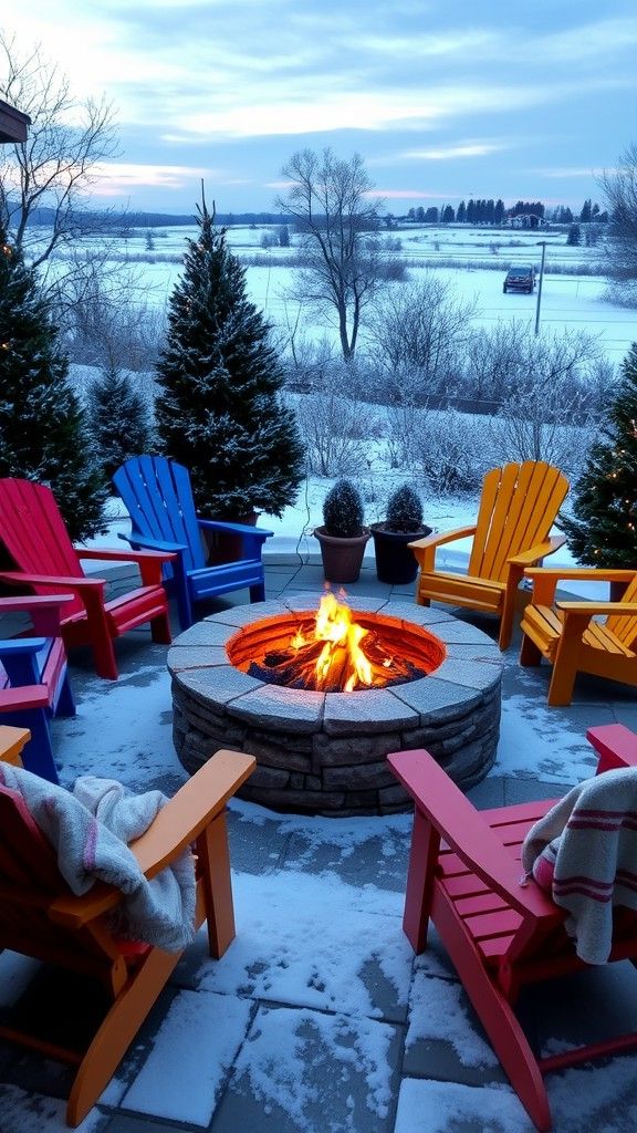 Fire Pit with Colorful Adirondack Chairs