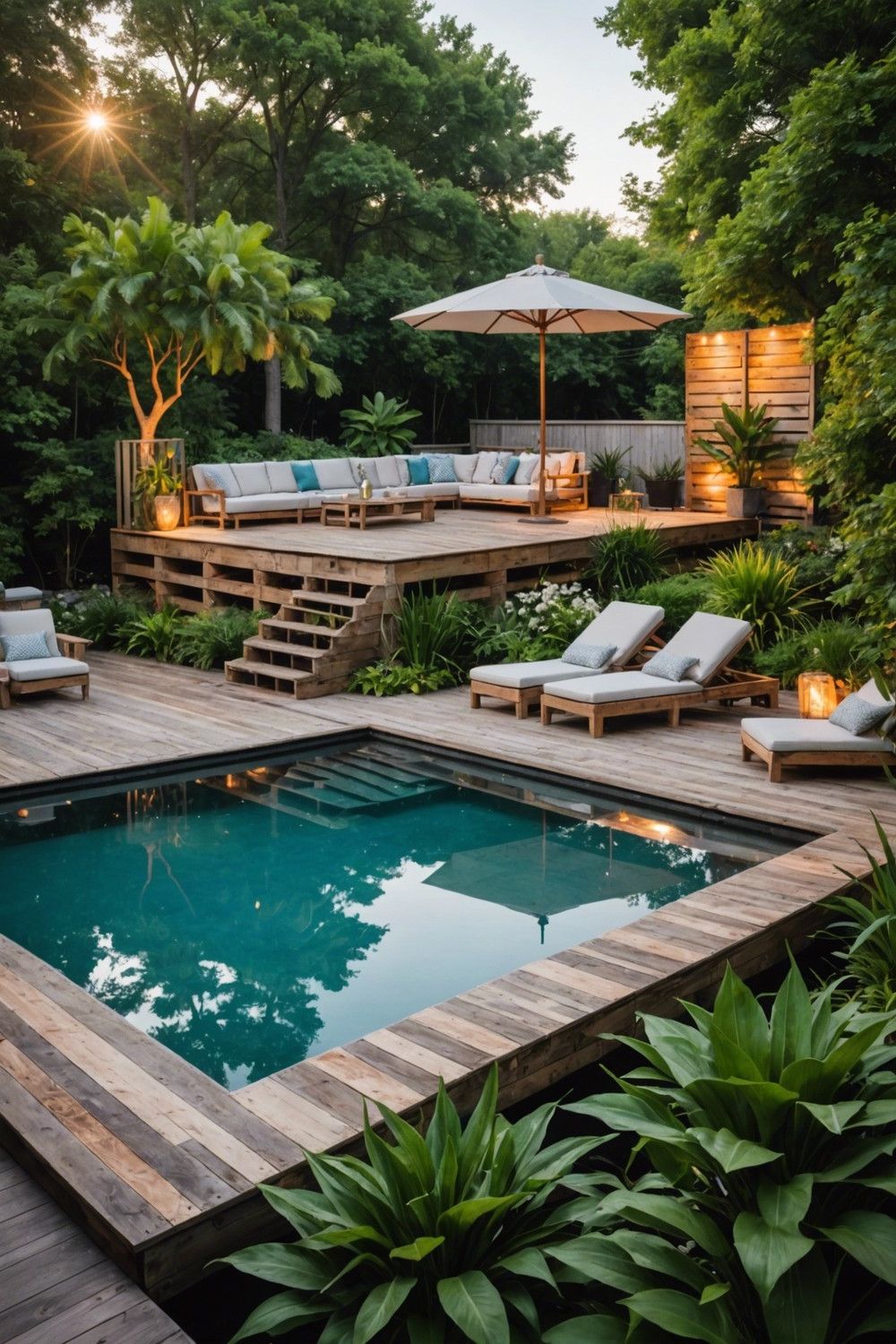 Two-Tiered Pallet Pool Decks with Glass Railing