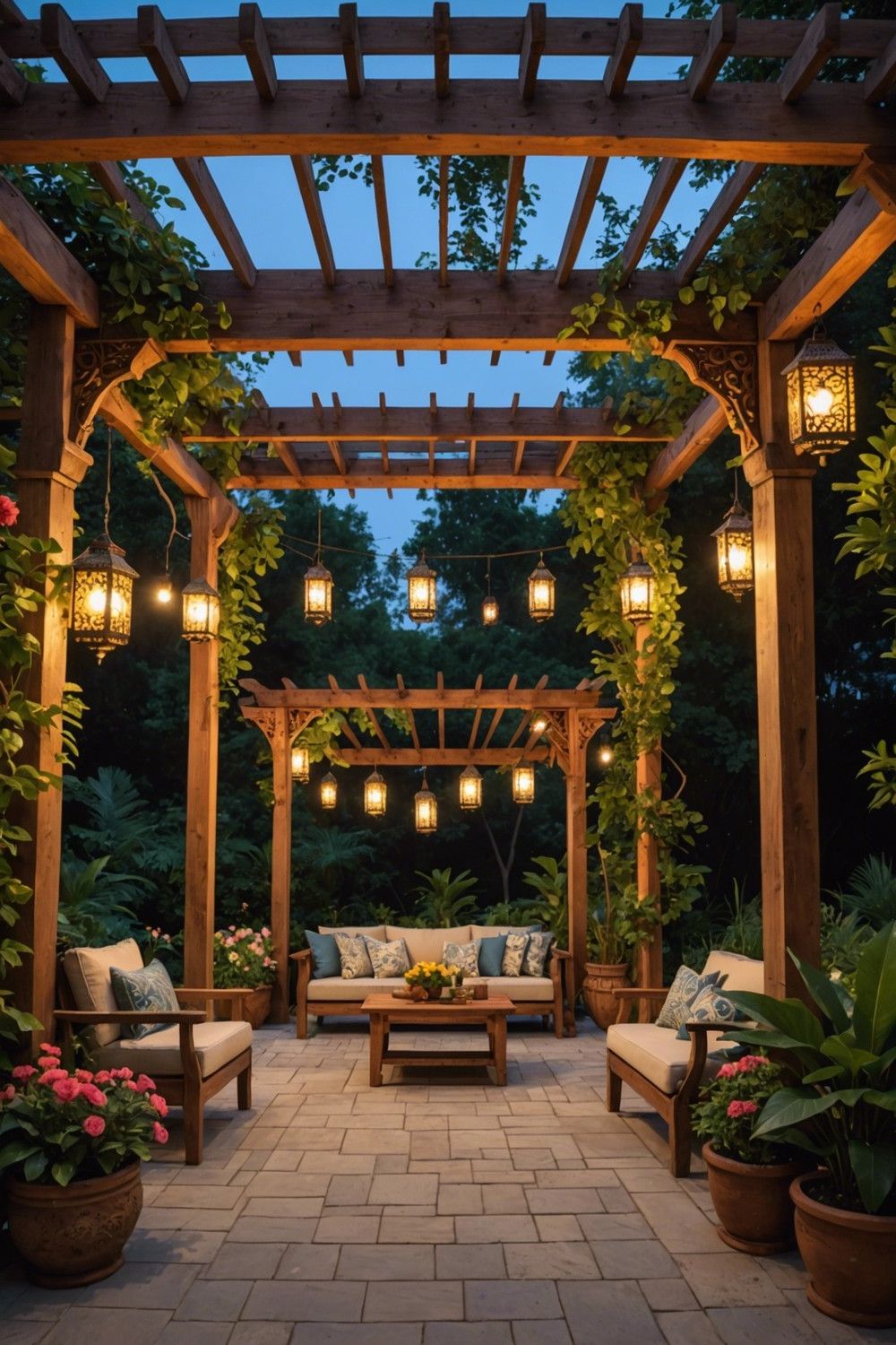 Wooden Pergola with Carved Designs and Lanterns