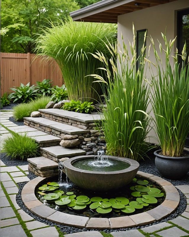 Lemongrass and water feature in a patio