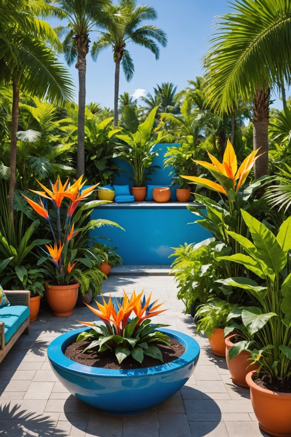 Vibrant Tropical Planters Around Pool