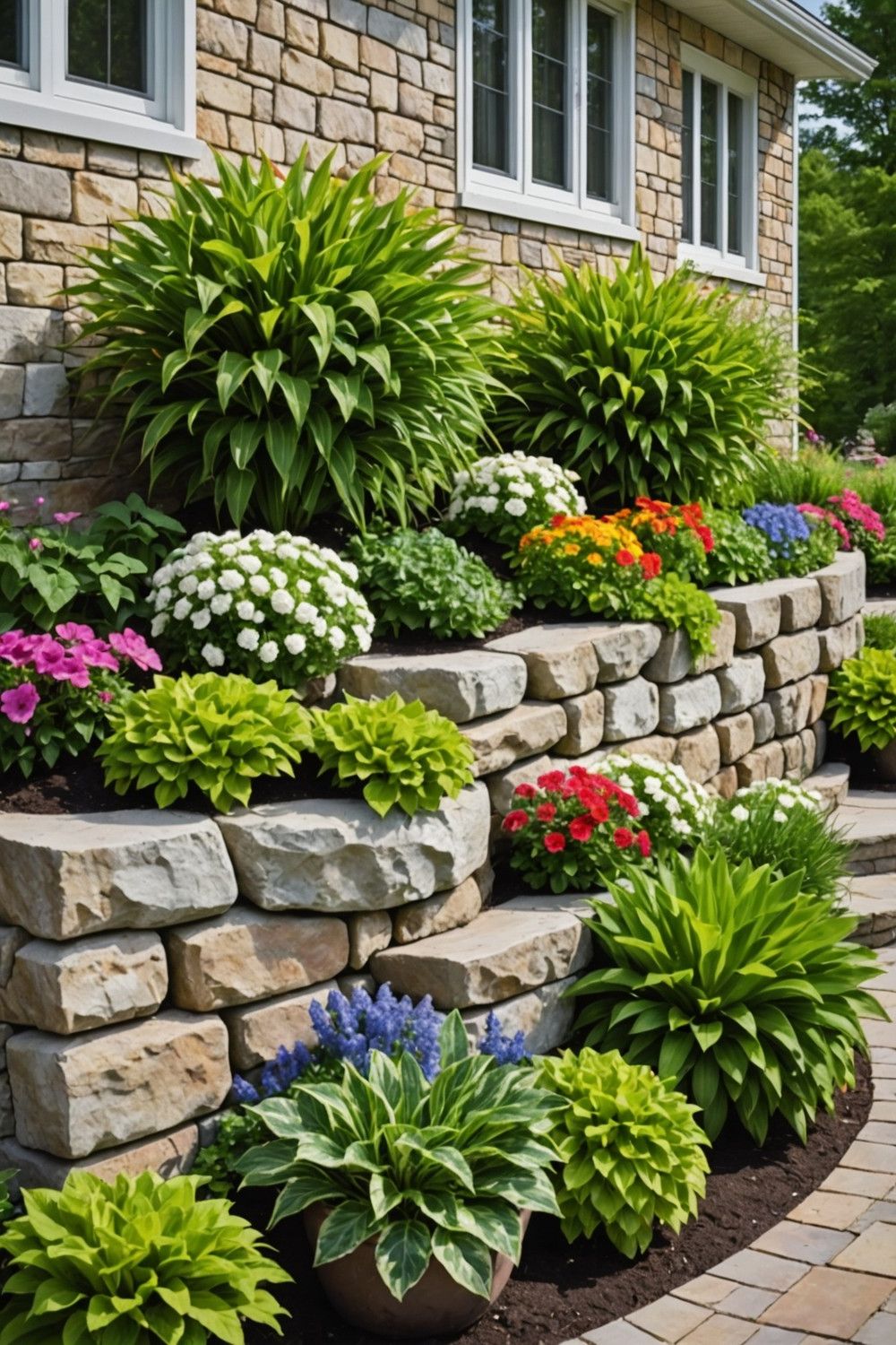 Natural Stone Retaining Wall with Tiered Planters