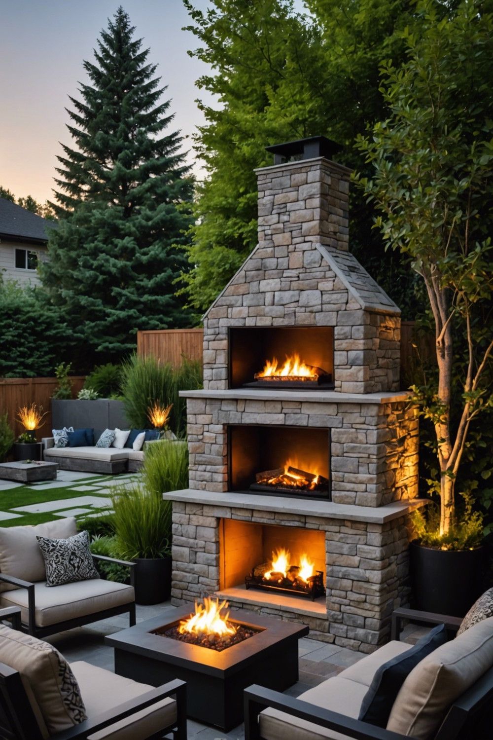 Wall-Mounted Outdoor Fireplace with Lighting