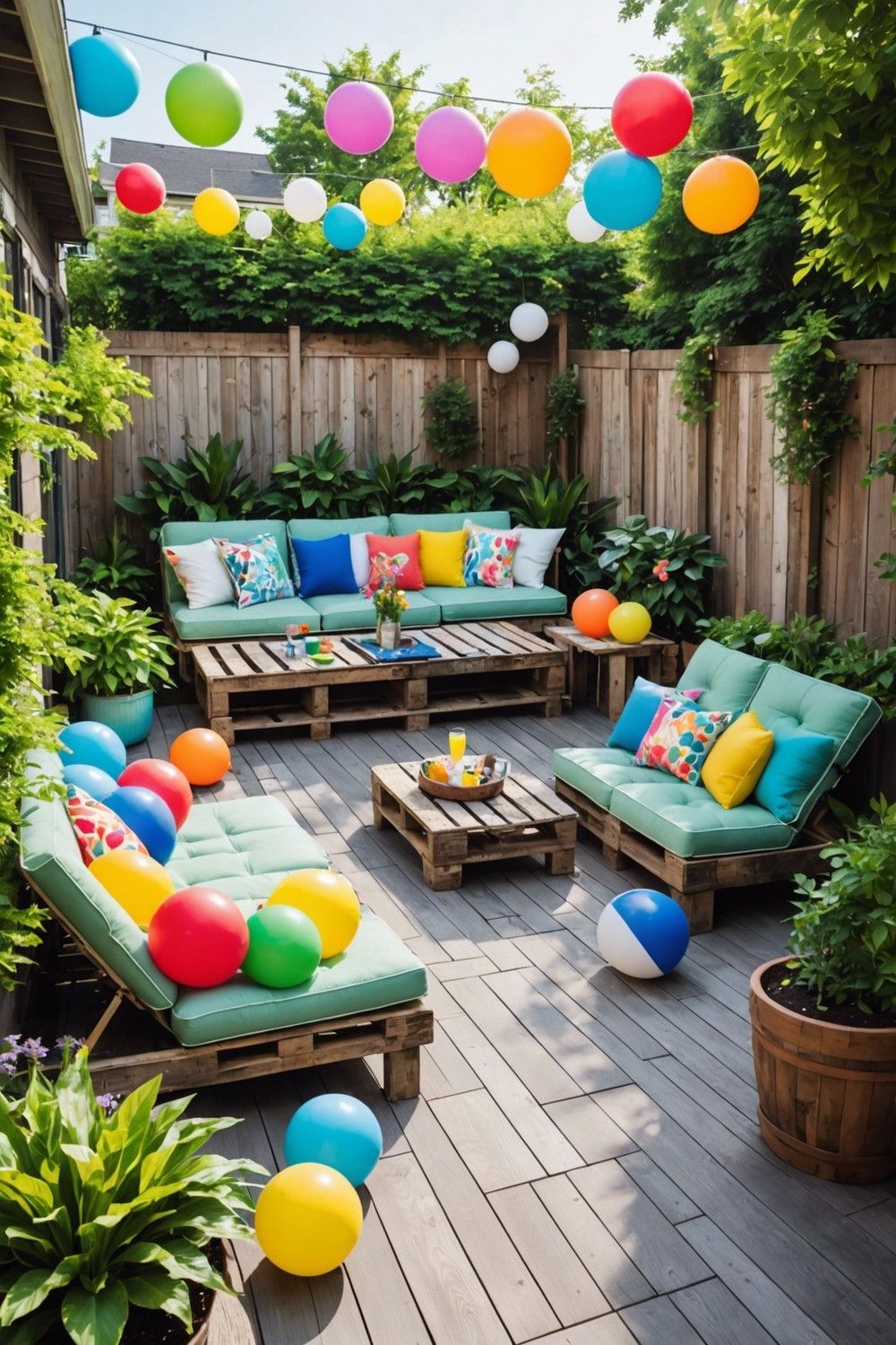 Pallet Pool Decks with Built-in Tables and Chairs