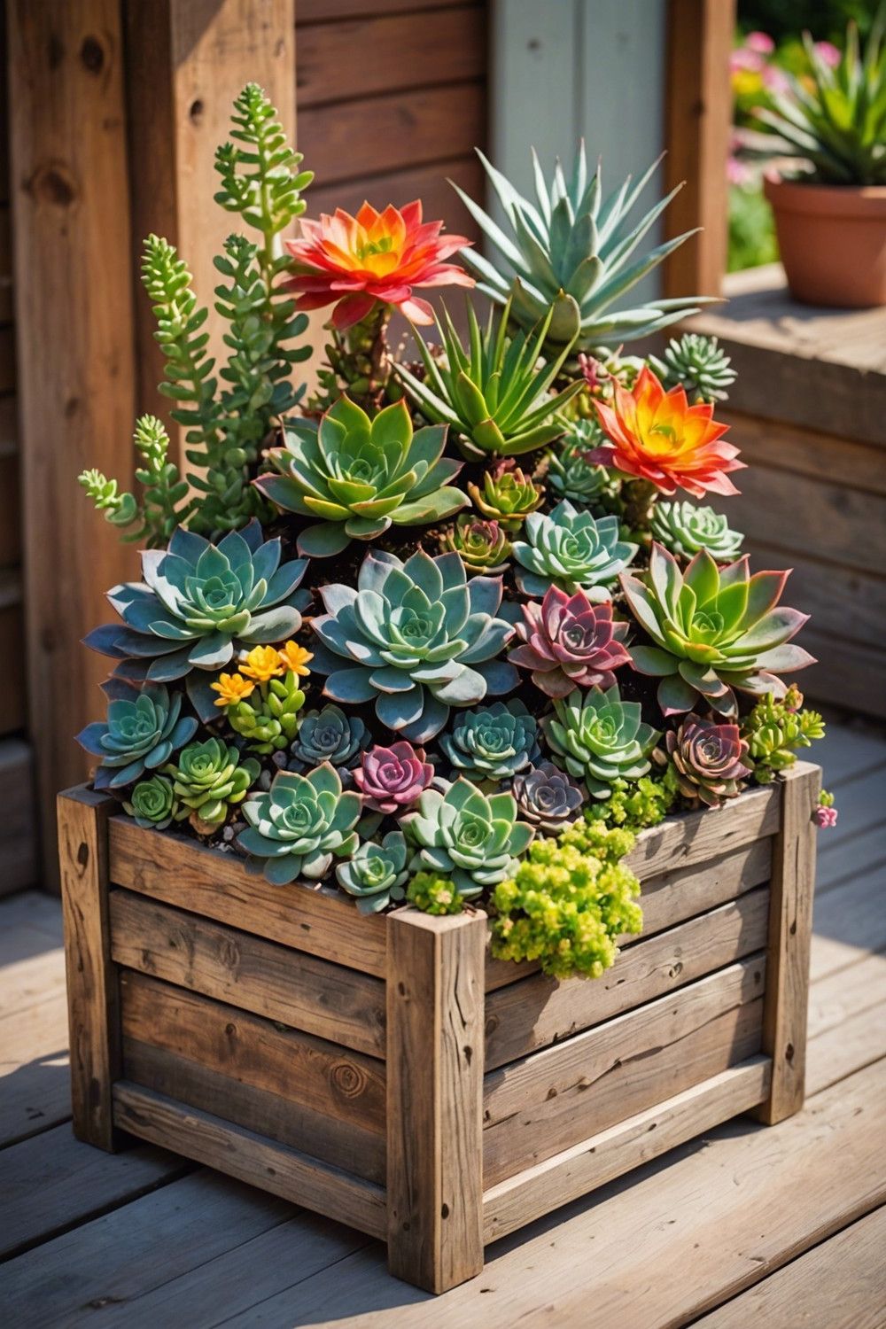 Colorful Mix in a Rustic Wooden Planter