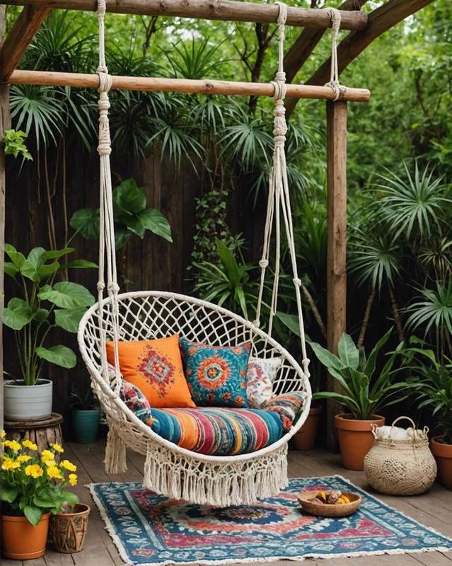 Dreamy Bohemian Garden with Macrame Swing and Ethnic Textiles