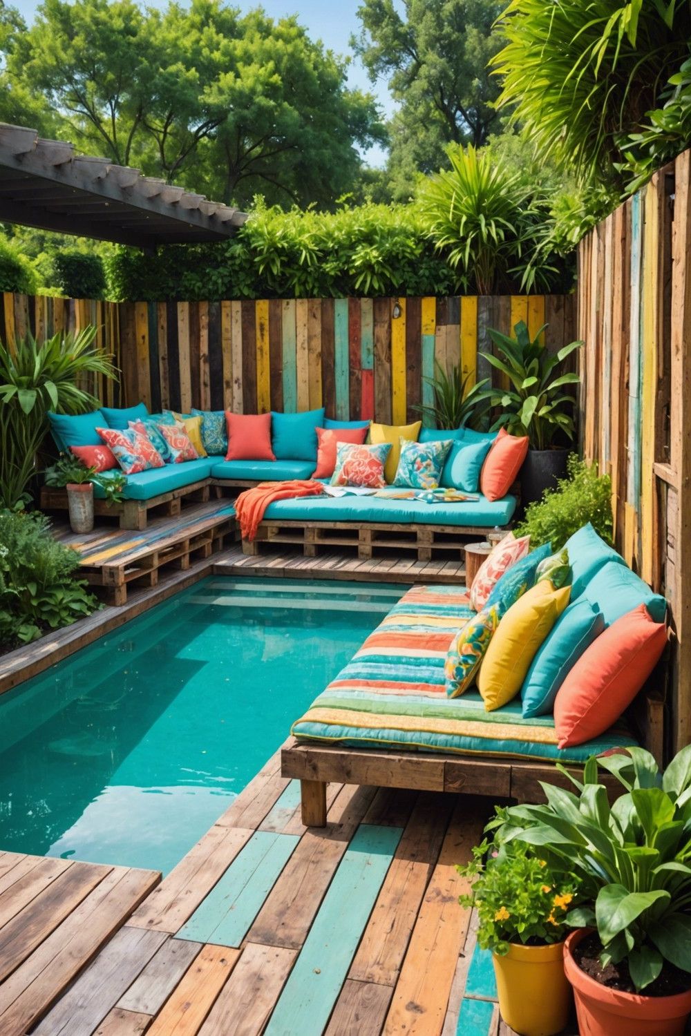 Upcycled Pallet Pool Decks with Colorful Cushions