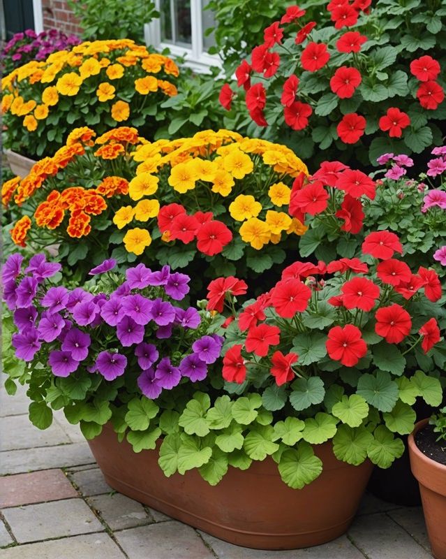 Vibrant Tapestry with Geraniums, Petunias, and Marigolds