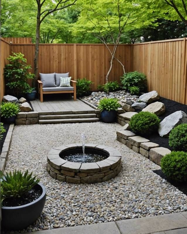 Zen-inspired nook with raked gravel and water feature