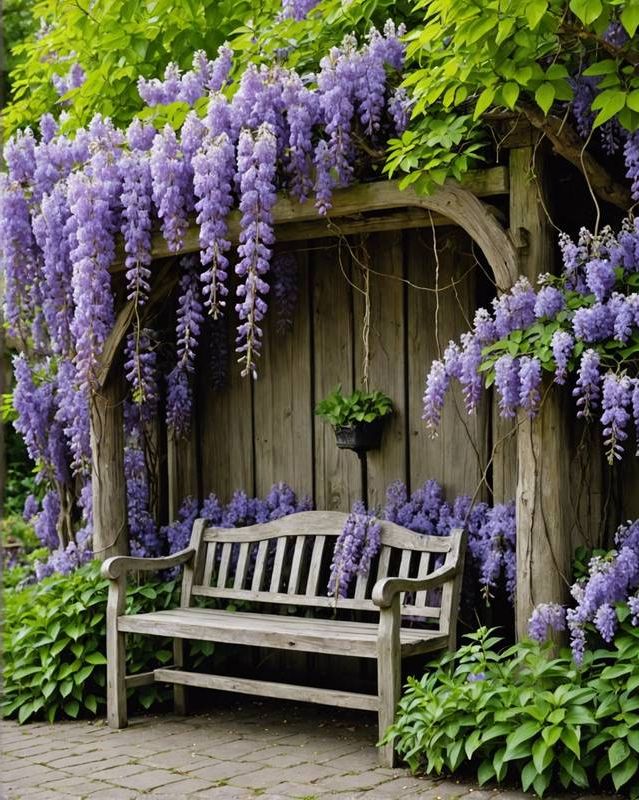Wisteria-covered bench surrounded by a vibrant array of flowers
