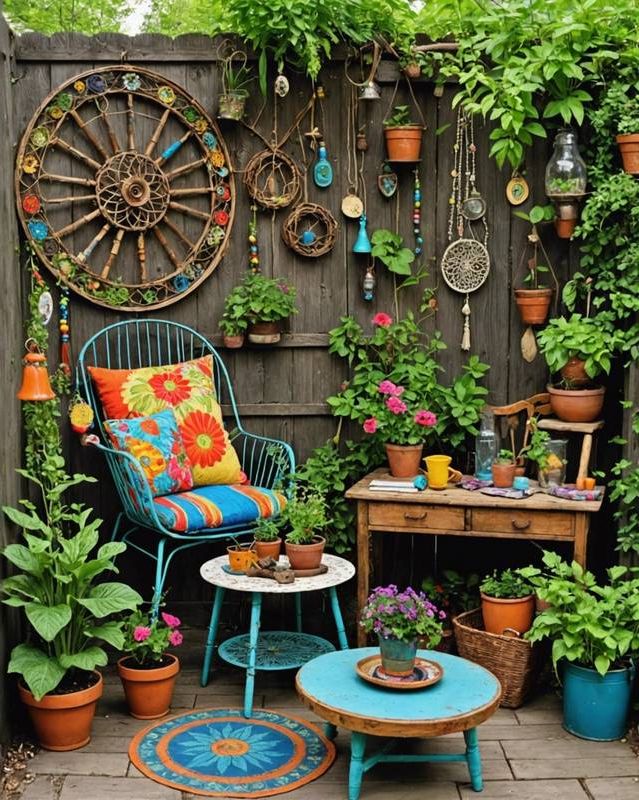 Vintage Hippie Garden with Recycled Items and Repurposed Objects
