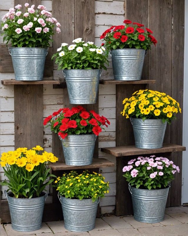 Galvanized Buckets as Flower Planters