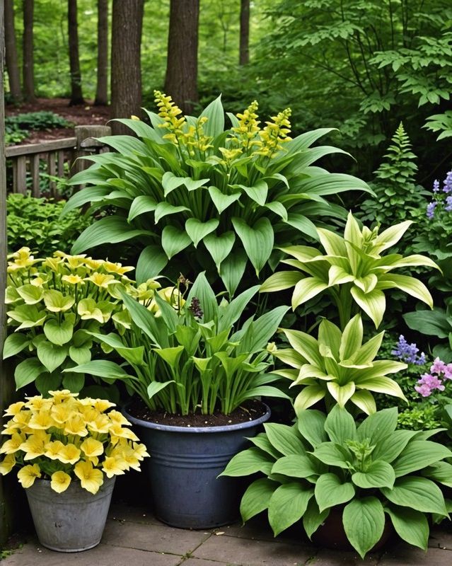Whimsical Woodland with Ferns, Hostas, and Primroses