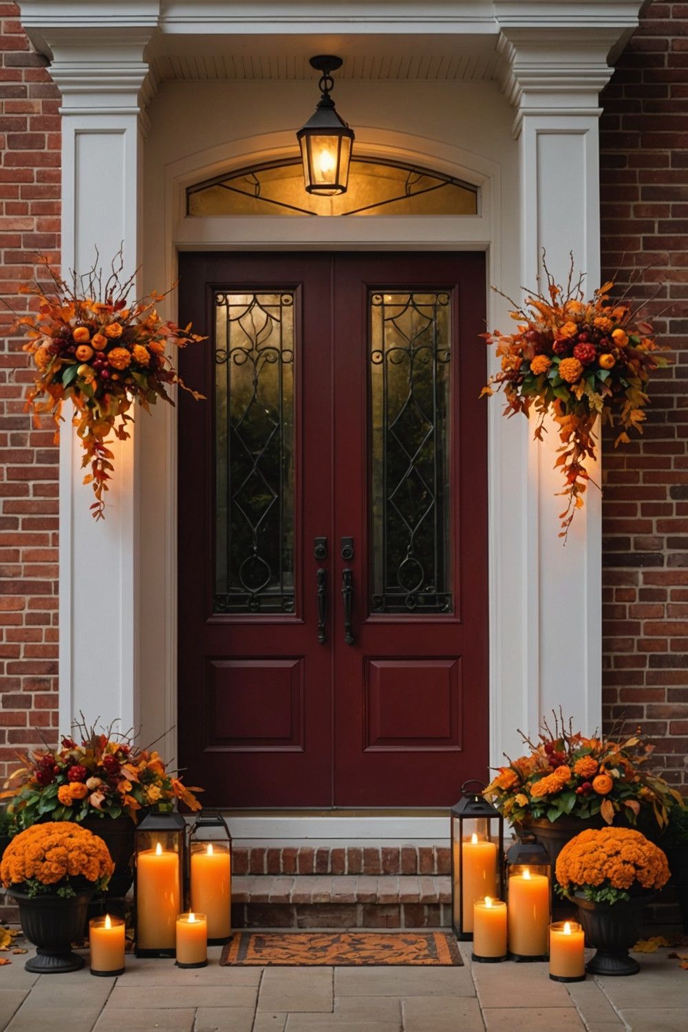Lantern Planters with Candles and Fall Foliage