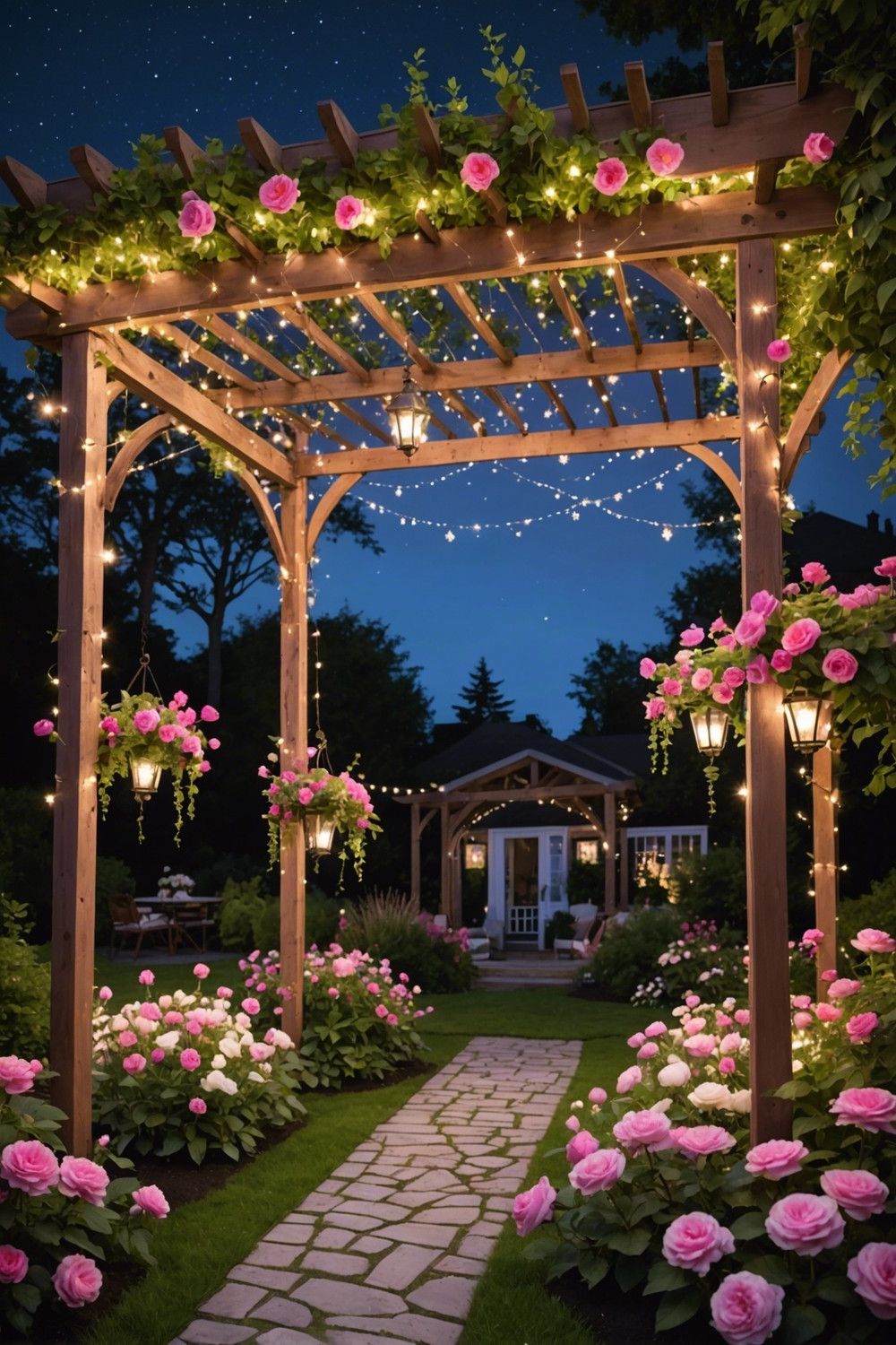 Whimsical Pergola with Fairy Lights and Flowers