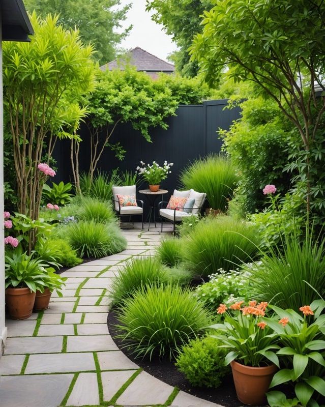 Lemongrass and shrubs in a patio garden