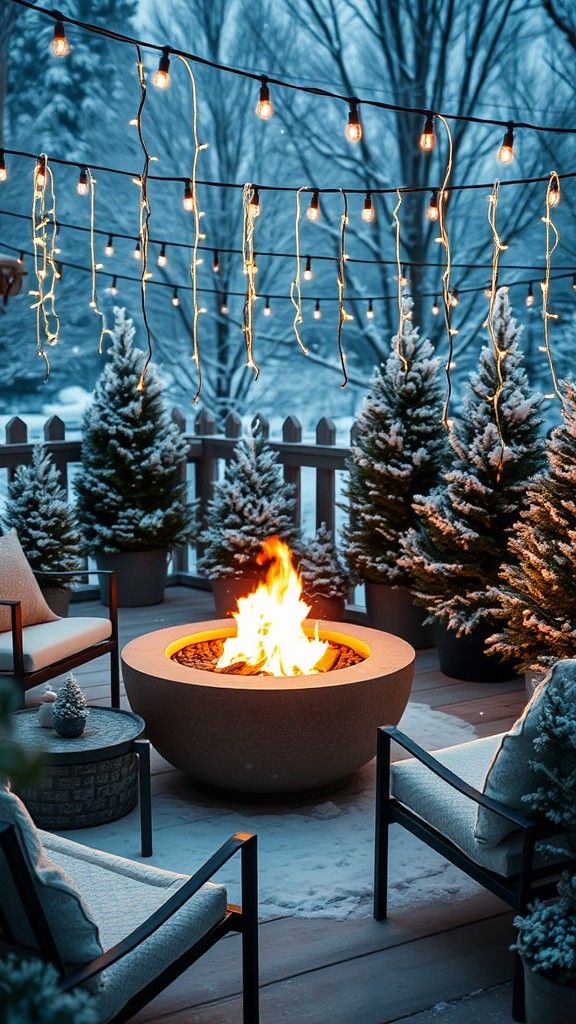 Fire Pit Surrounded by Twinkling String Lights