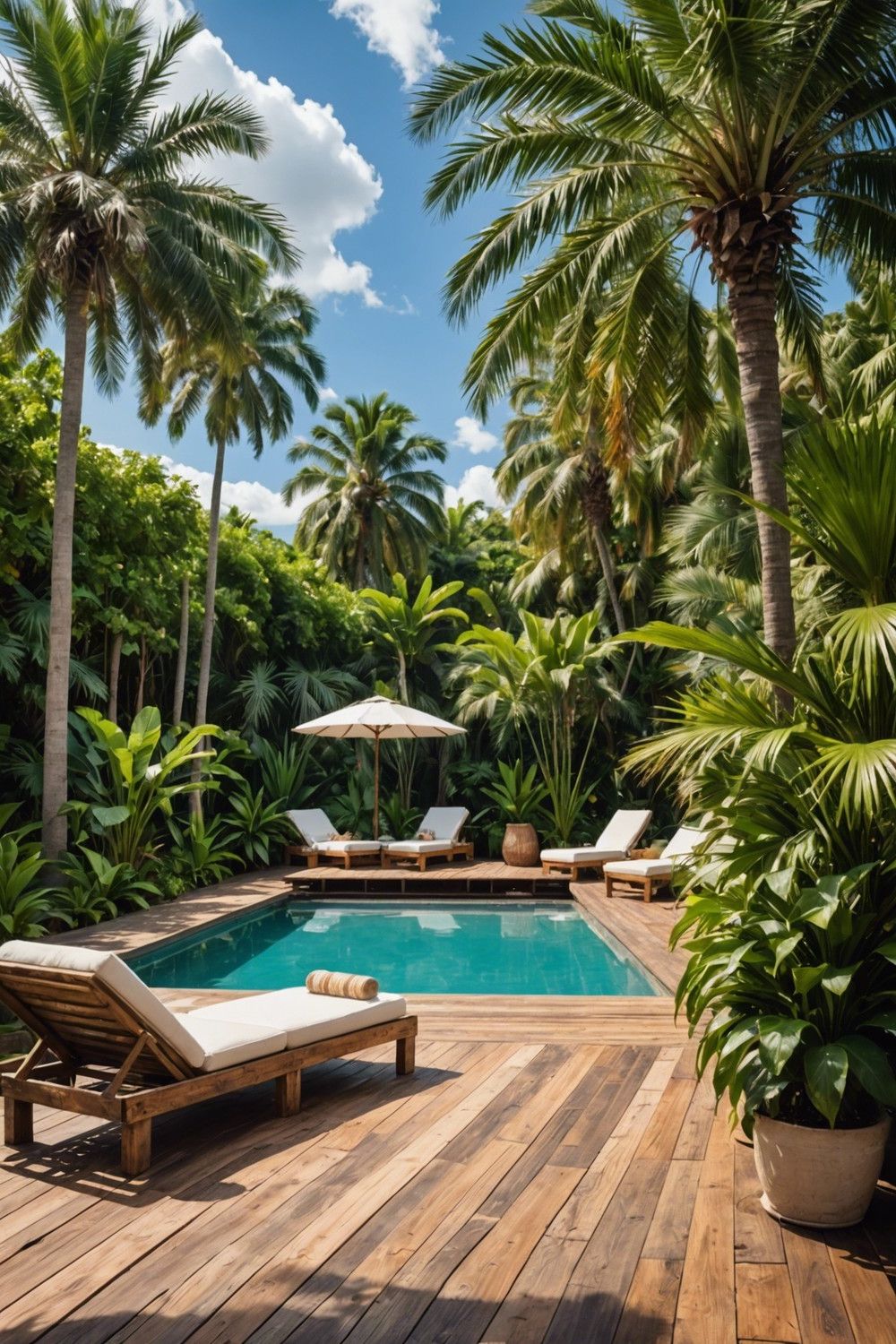 Tropical Pallet Pool Decks with Palm Trees