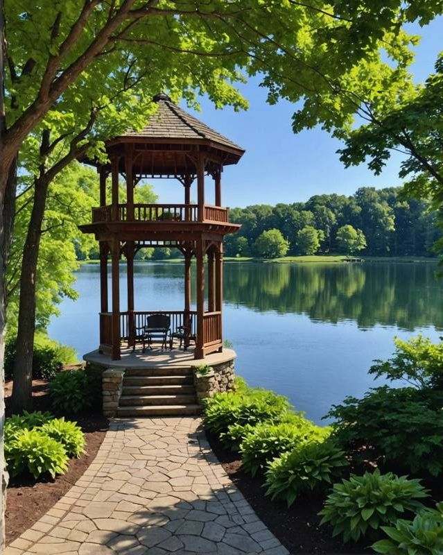Shaded gazebo with a view of a sparkling lake