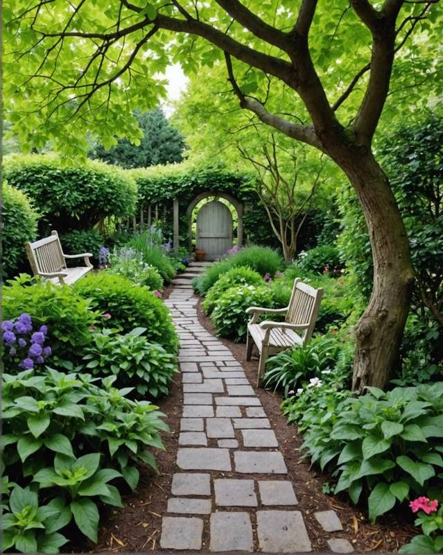 Secret garden path leading to a secluded bench