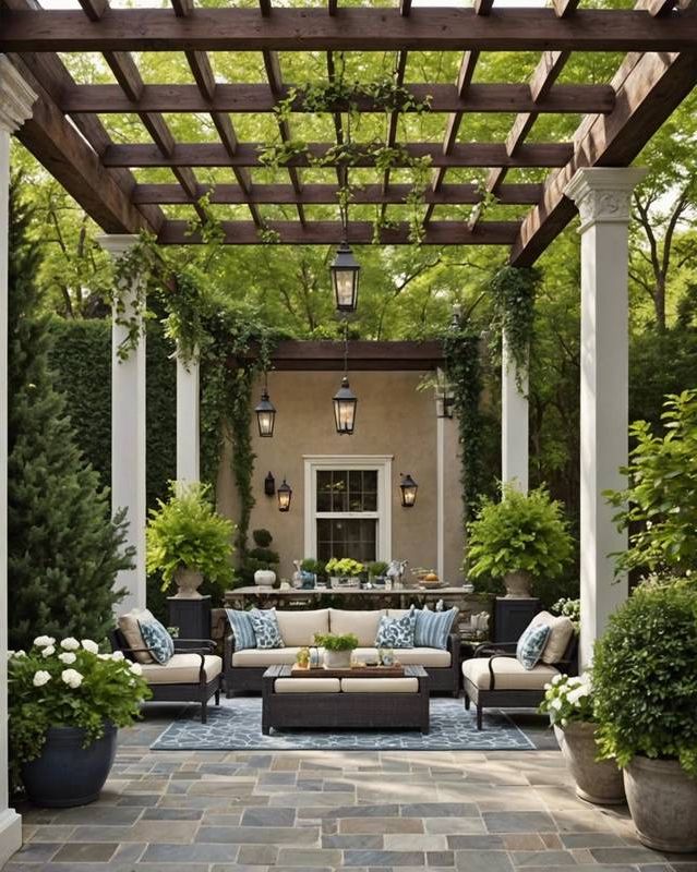 Pergola-Covered Patio with Architectural Charm