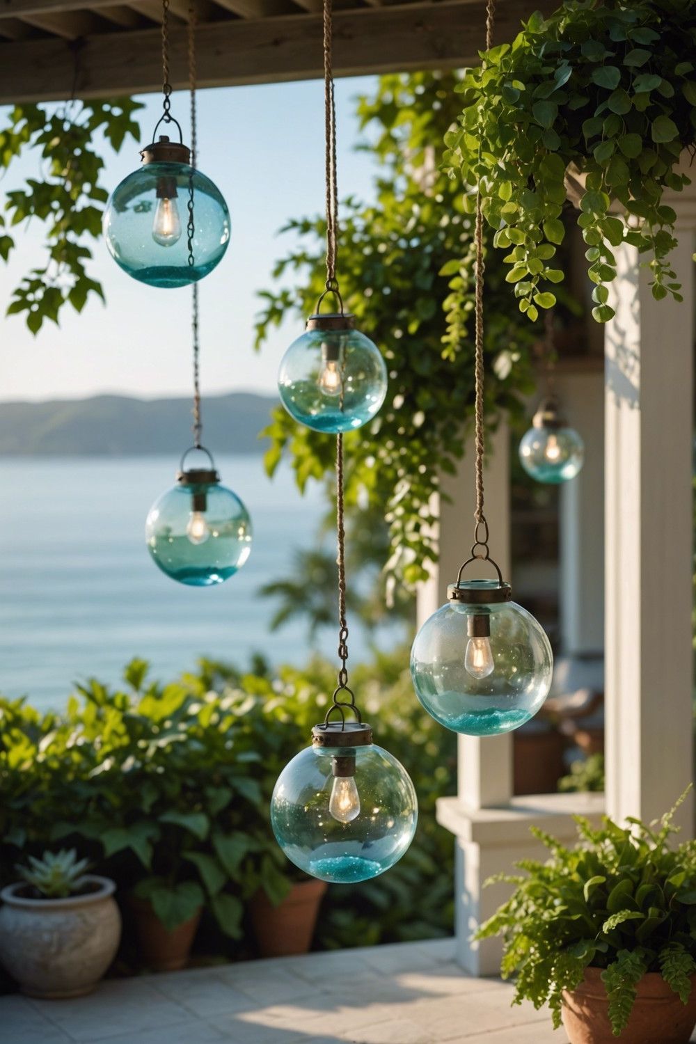 Hanging Glass Orb Lanterns in a Coastal Theme