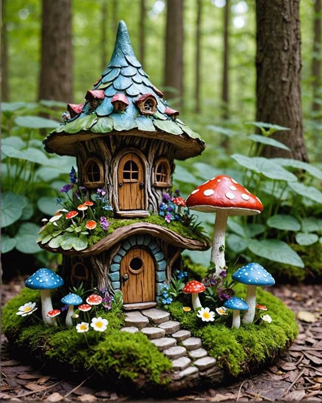 Enchanted Garden with Fairy Houses and Toadstools