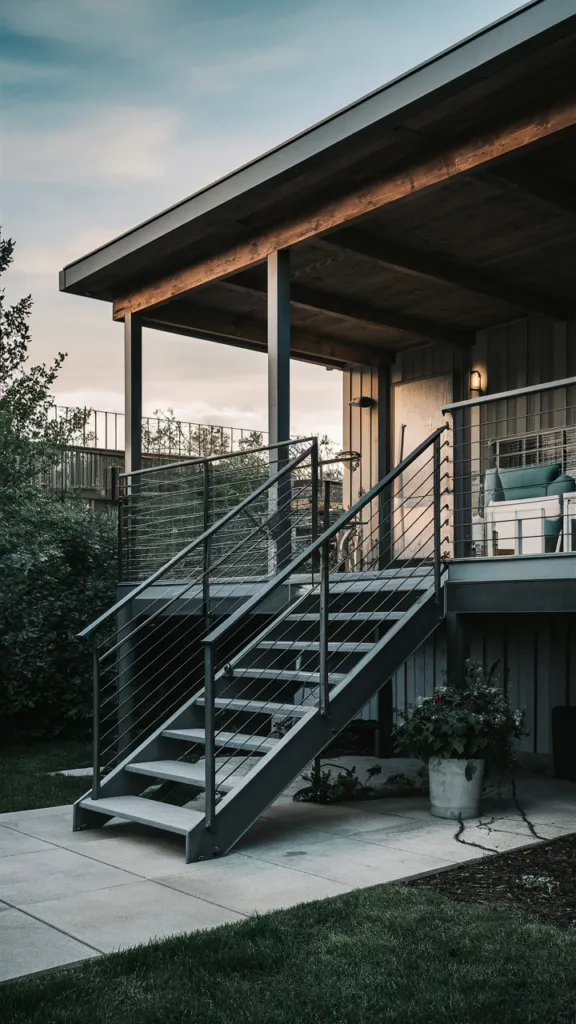 Industrial-Style Steps with Metal Railing