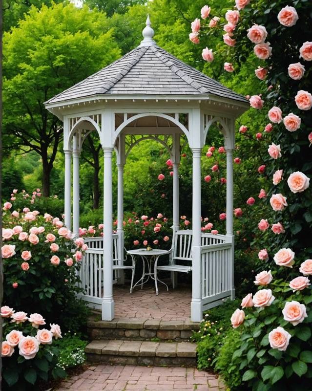 Intimate gazebo nestled amidst fragrant roses