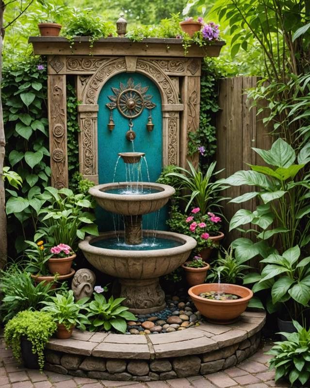 Bohemian Sanctuary with Tranquil Fountain and Meditation Space