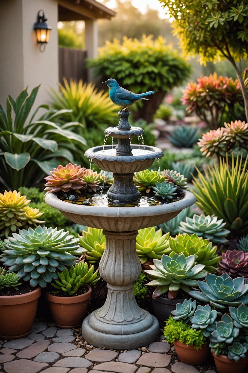 Succulent-Filled Birdbaths and Fountains