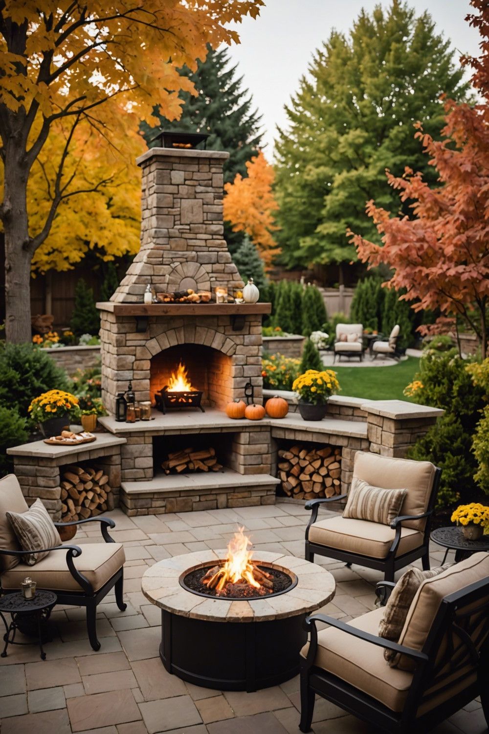 Fireplace with Built-In BBQ and Outdoor Kitchen