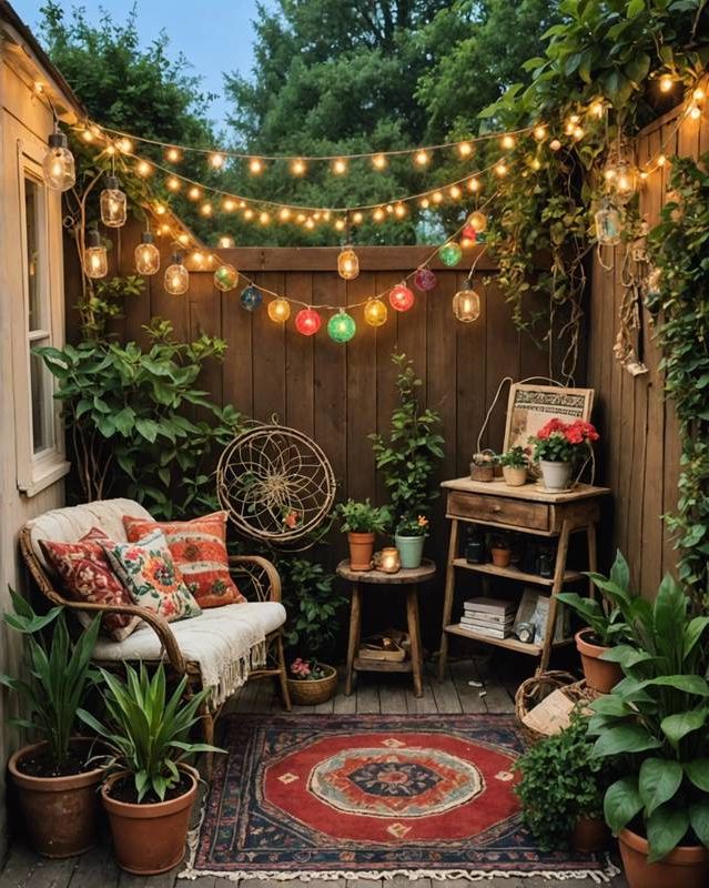 Cozy Garden with String Lights and Vintage Finds