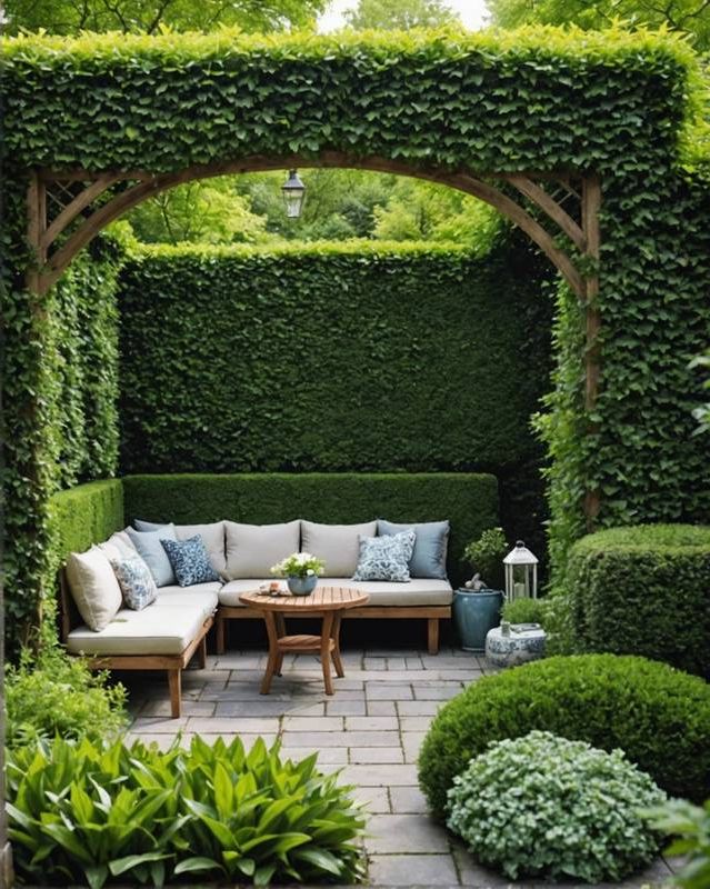 Private seating area hidden within a dense hedge